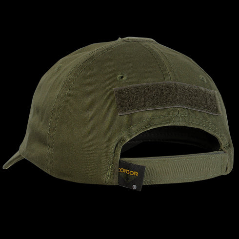The Condor Tactical Cap - MultiCam Tropic is shown from the back, highlighting its adjustable strap, Velcro patch above the opening, and detailed stitching.